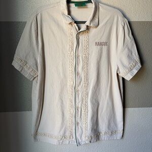 Shoe Palace Narcos Men’s Large Cotton Button Down Shirt Cream Embroidery Panels